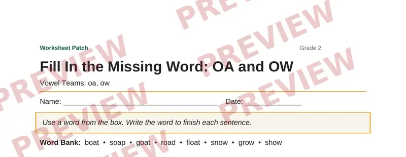 Partial preview of Fill In the Missing Word: OA and OW