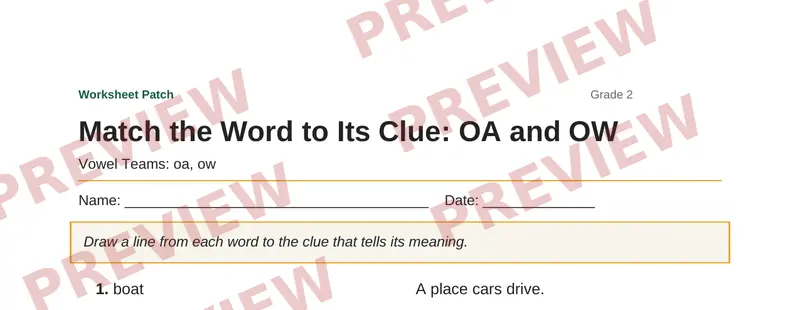 Partial preview of Match the Word to Its Clue: OA and OW
