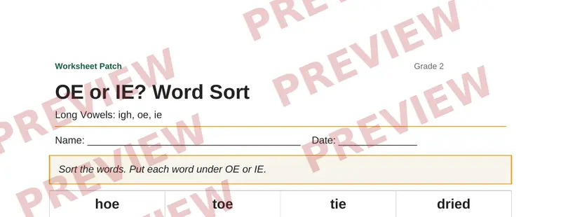 Partial preview of OE or IE? Word Sort
