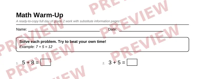 First page preview of Grade 2 Sub Plan Packet: One Full Day, No Prep