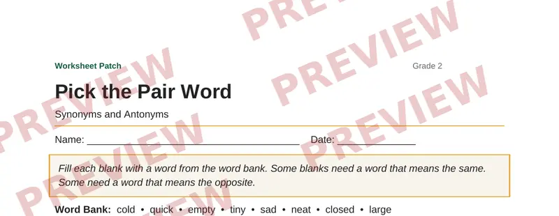 Partial preview of Pick the Pair Word