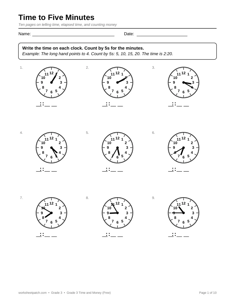 Page 1 preview of Grade 3 Time and Money (Free)