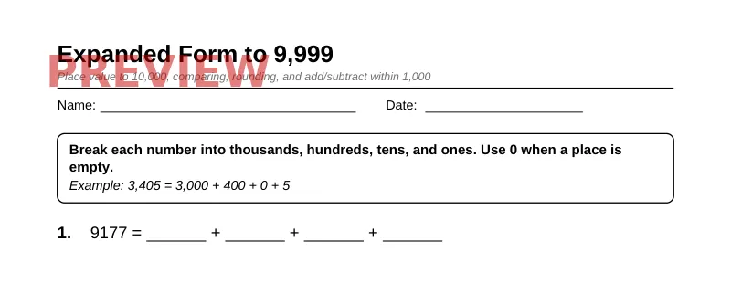 Partial preview of Grade 3 Place Value, Rounding & Number Sense Pack
