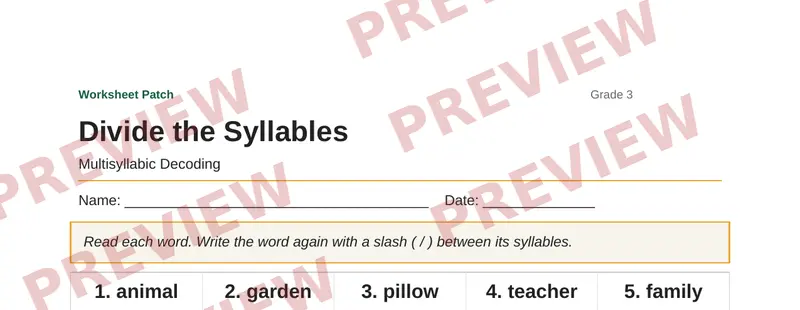 Partial preview of Divide the Syllables