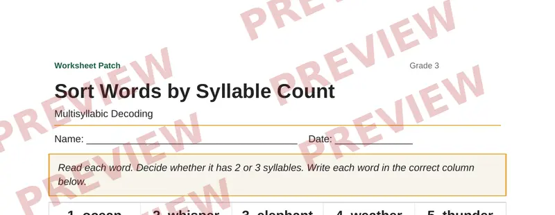 Partial preview of Sort Words by Syllable Count