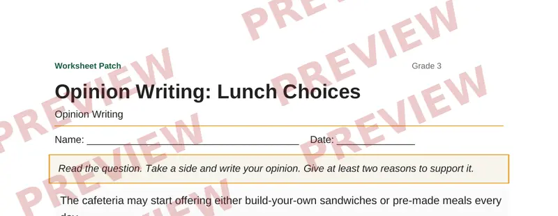 Partial preview of Opinion Writing: Lunch Choices