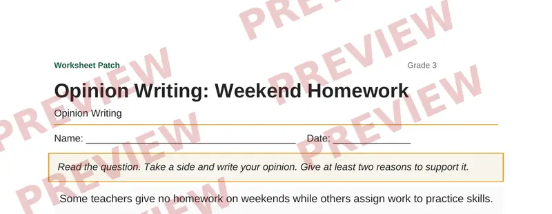 Partial preview of Opinion Writing: Weekend Homework