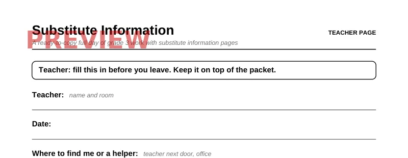 First page preview of Grade 3 Sub Plan Packet: One Full Day, No Prep