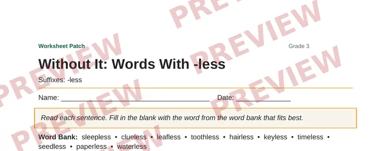 Partial preview of Without It: Words With -less