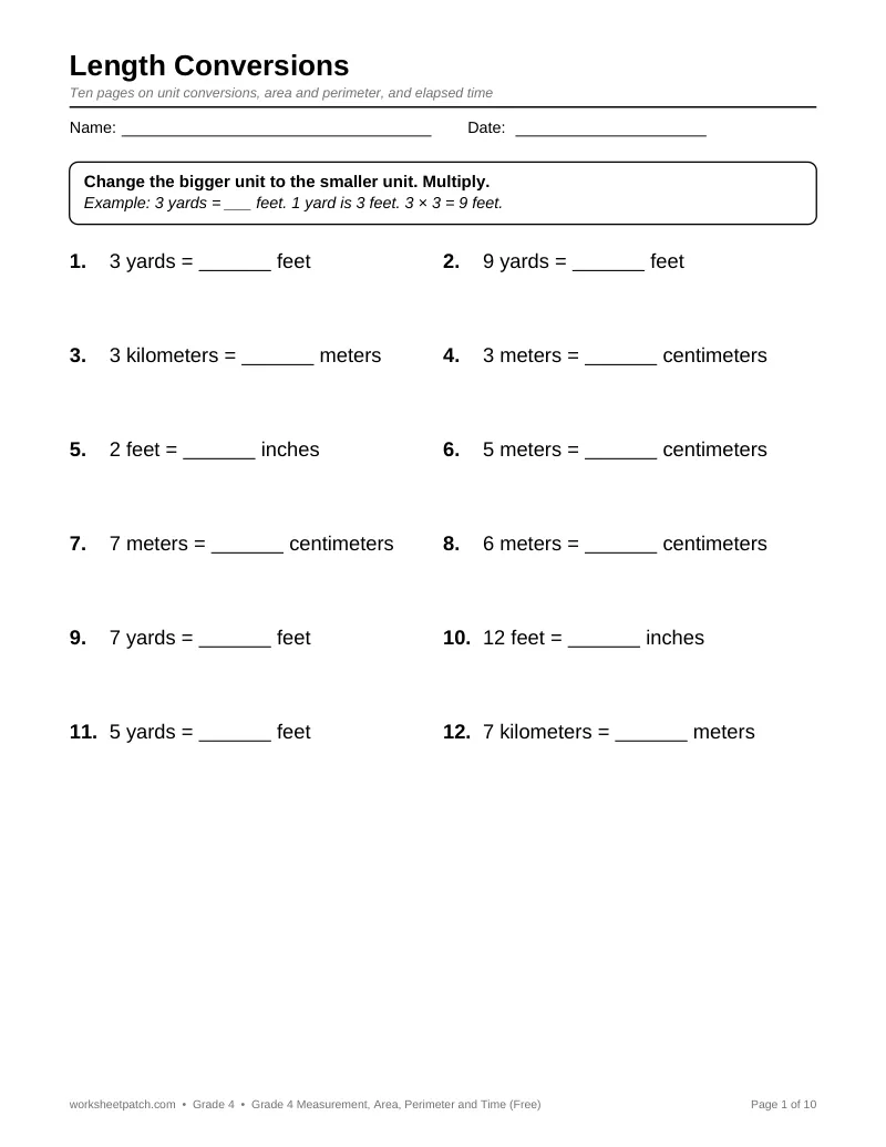 Page 1 preview of Grade 4 Measurement, Area, Perimeter and Time (Free)