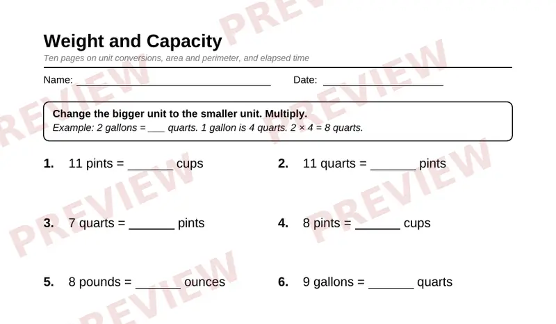 Page 2 partial preview of Grade 4 Measurement, Area, Perimeter and Time (Free)