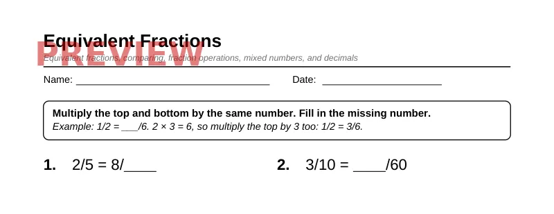 Partial preview of Grade 4 Fractions & Decimals Pack