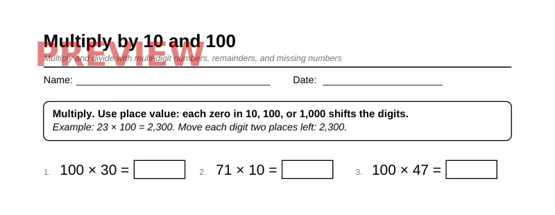 Partial preview of Grade 4 Multi-Digit Multiplication & Division Pack