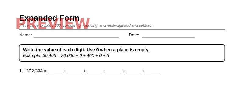 Partial preview of Grade 4 Place Value, Rounding & Big Numbers Pack