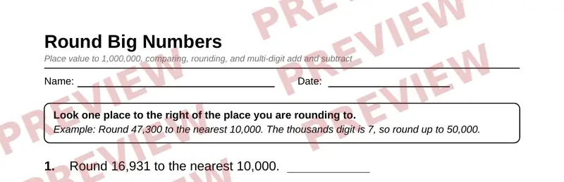 Partial preview of Grade 4 Place Value, Rounding & Big Numbers Pack