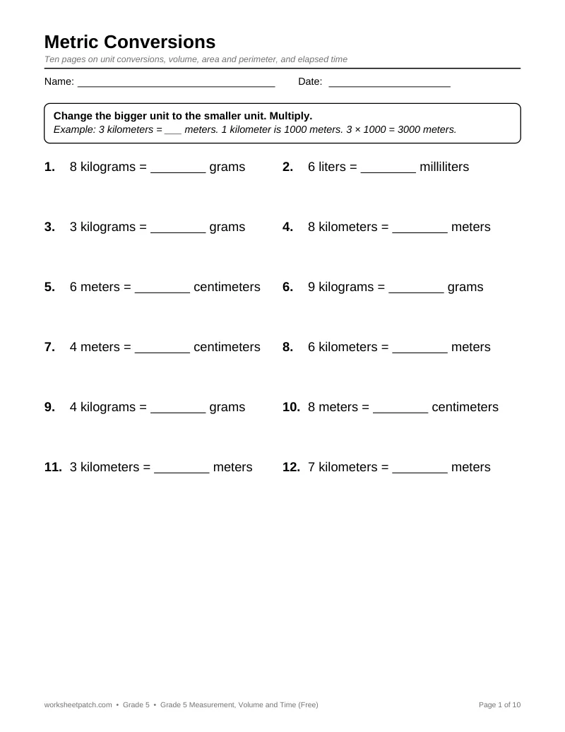 Page 1 preview of Grade 5 Measurement, Volume and Time (Free)