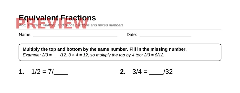 Partial preview of Grade 5 Fractions Pack