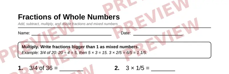 Partial preview of Grade 5 Fractions Pack