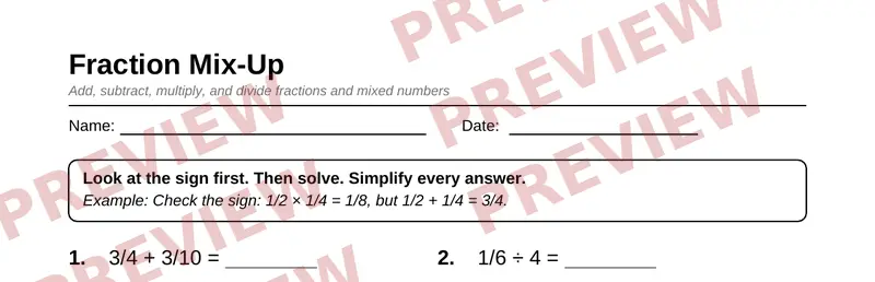 Partial preview of Grade 5 Fractions Pack
