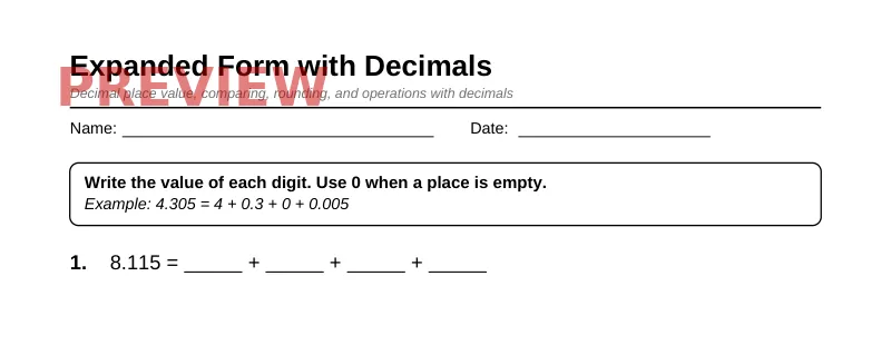 Partial preview of Grade 5 Decimals & Place Value Pack