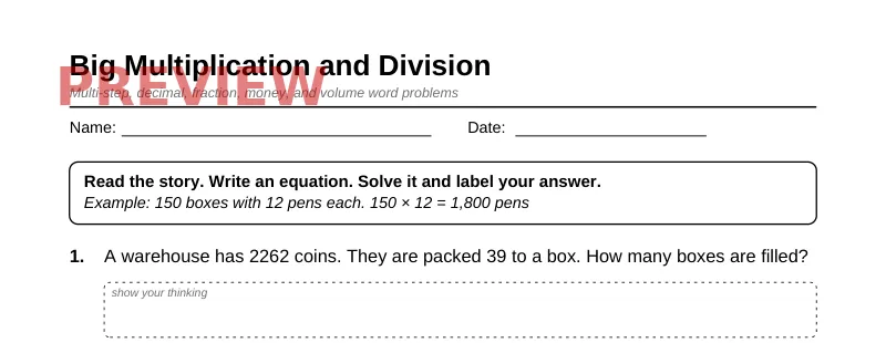 Partial preview of Grade 5 Math Word Problems Pack