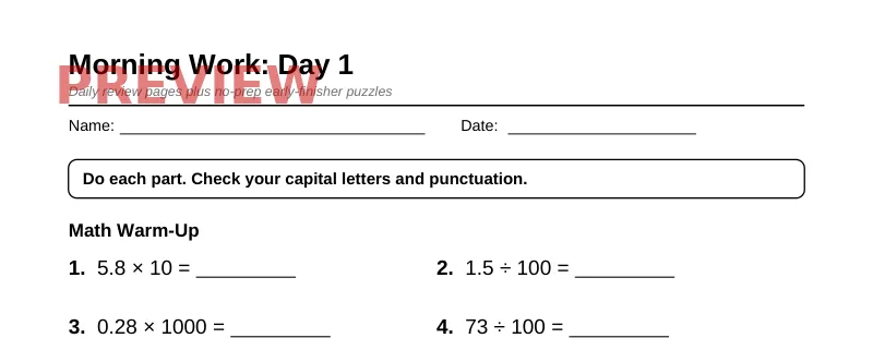 First page preview of Grade 5 Morning Work & Early Finishers Pack