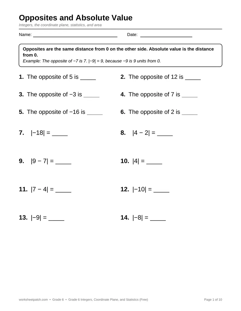 Page 1 preview of Grade 6 Integers, Coordinate Plane, and Statistics (Free)