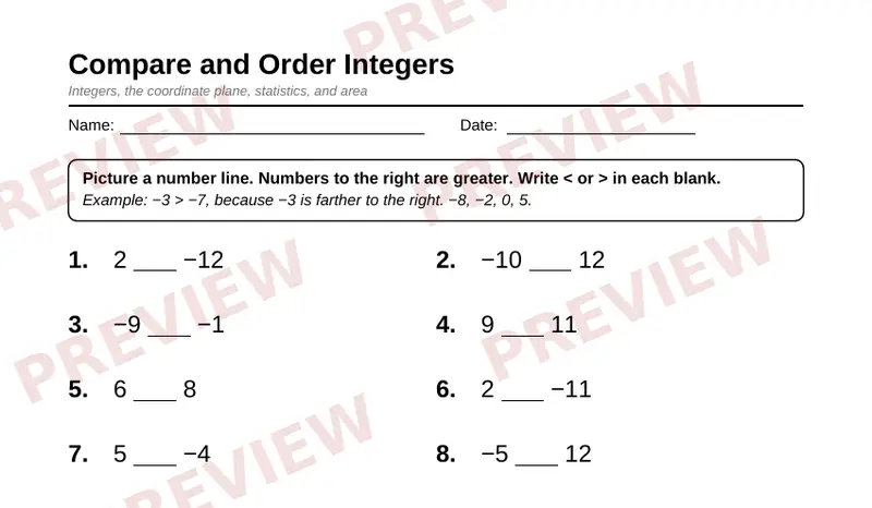 Page 2 partial preview of Grade 6 Integers, Coordinate Plane, and Statistics (Free)