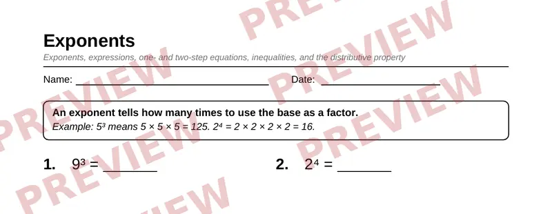 Partial preview of Grade 6 Expressions and Equations Pack