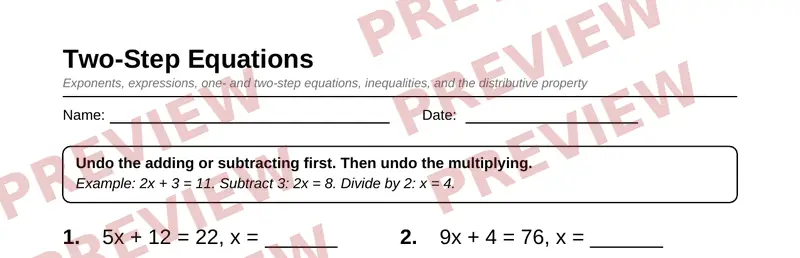 Partial preview of Grade 6 Expressions and Equations Pack