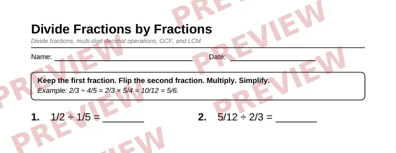 Partial preview of Grade 6 Fraction and Decimal Operations Pack