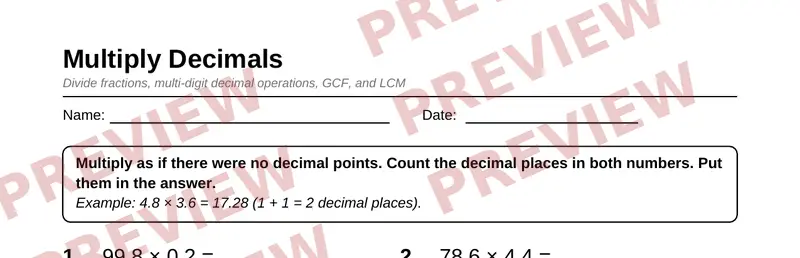 Partial preview of Grade 6 Fraction and Decimal Operations Pack