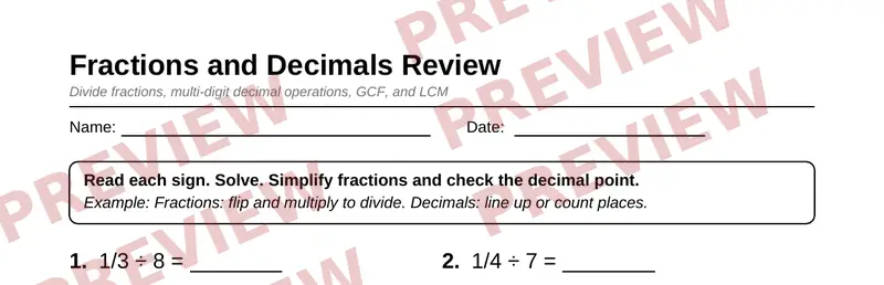 Partial preview of Grade 6 Fraction and Decimal Operations Pack