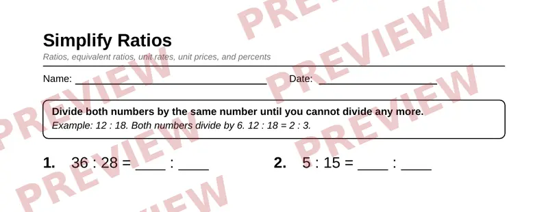 Partial preview of Grade 6 Ratios, Rates, and Percent Pack