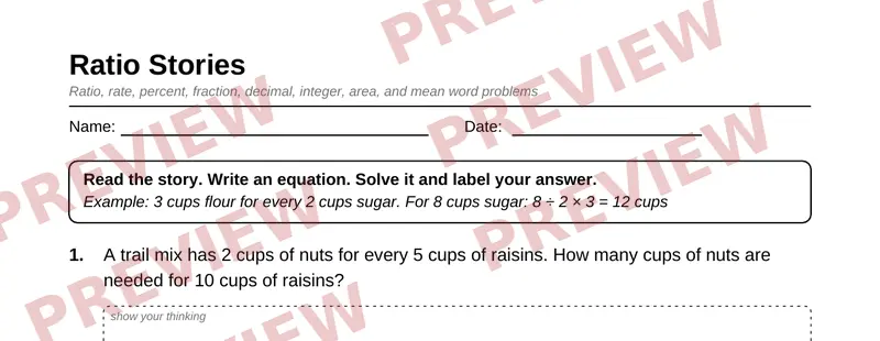 Partial preview of Grade 6 Math Word Problems Pack