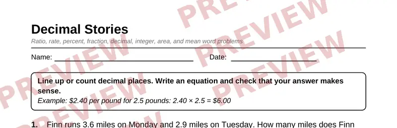 Partial preview of Grade 6 Math Word Problems Pack