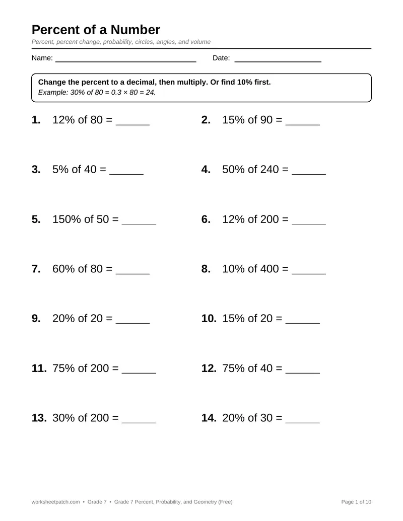 Page 1 preview of Grade 7 Percent, Probability, and Geometry (Free)
