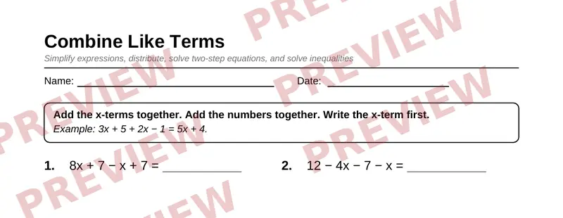 Partial preview of Grade 7 Expressions, Equations, and Inequalities Pack