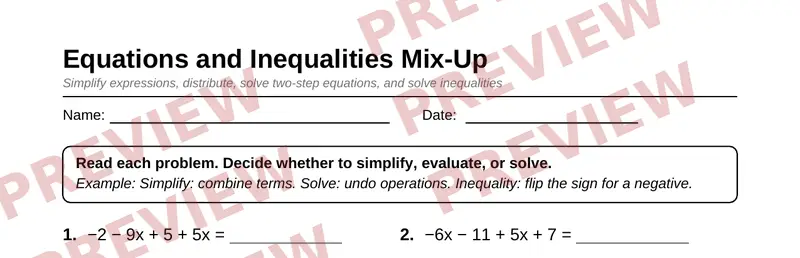 Partial preview of Grade 7 Expressions, Equations, and Inequalities Pack