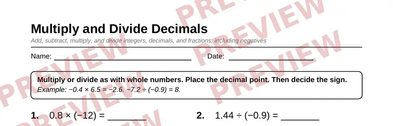 Partial preview of Grade 7 Rational Numbers Pack