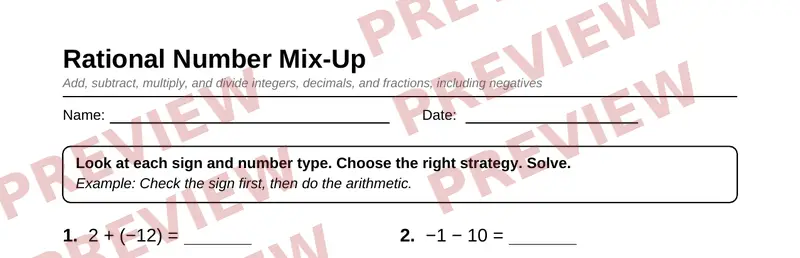 Partial preview of Grade 7 Rational Numbers Pack