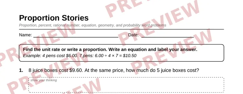 Partial preview of Grade 7 Math Word Problems Pack