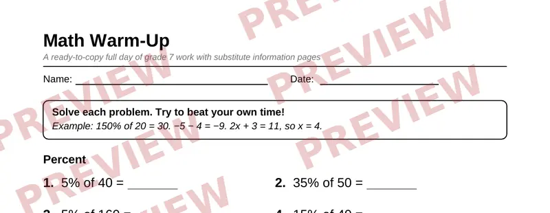 First page preview of Grade 7 Sub Plan Packet: One Full Day, No Prep