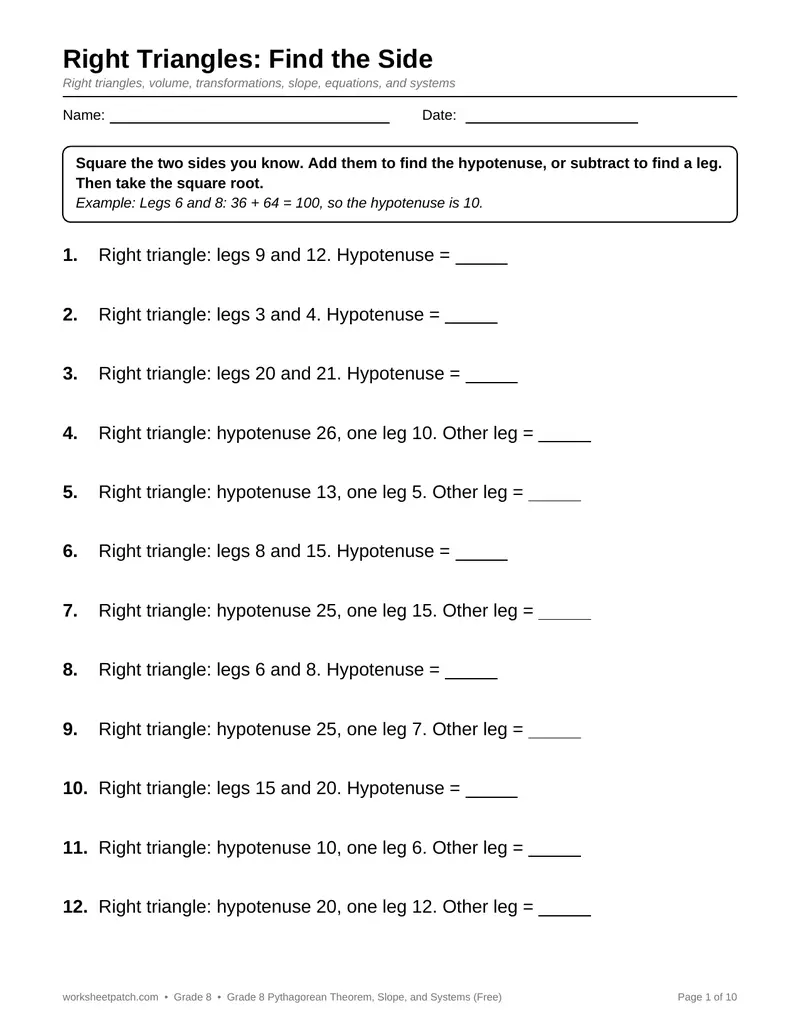 Page 1 preview of Grade 8 Pythagorean Theorem, Slope, and Systems (Free)