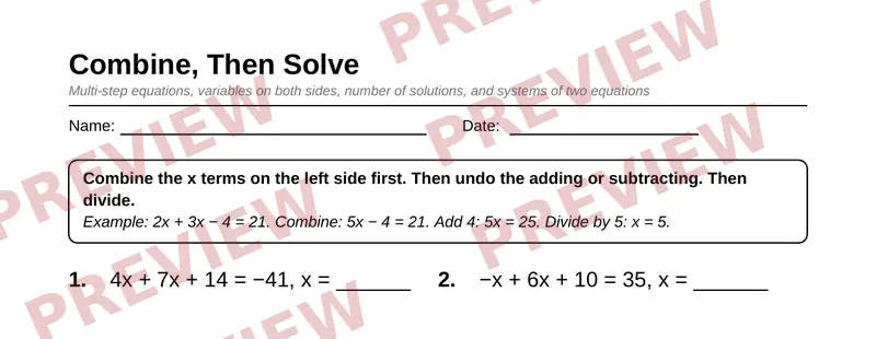 Partial preview of Grade 8 Equations and Systems Pack