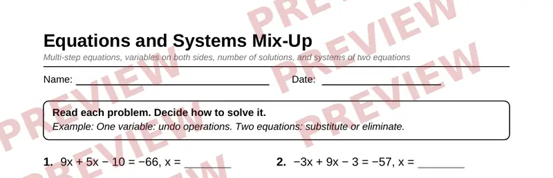 Partial preview of Grade 8 Equations and Systems Pack