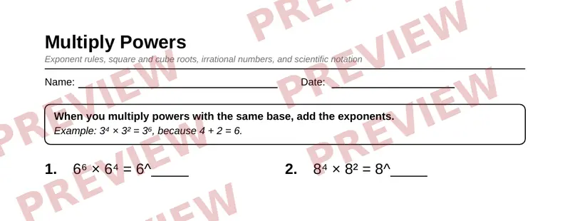 Partial preview of Grade 8 Exponents, Roots, and Scientific Notation Pack