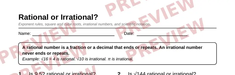 Partial preview of Grade 8 Exponents, Roots, and Scientific Notation Pack