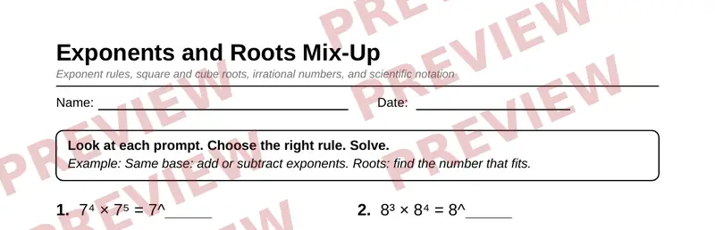 Partial preview of Grade 8 Exponents, Roots, and Scientific Notation Pack