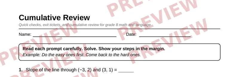 Partial preview of Grade 8 Review and Test Prep Pack